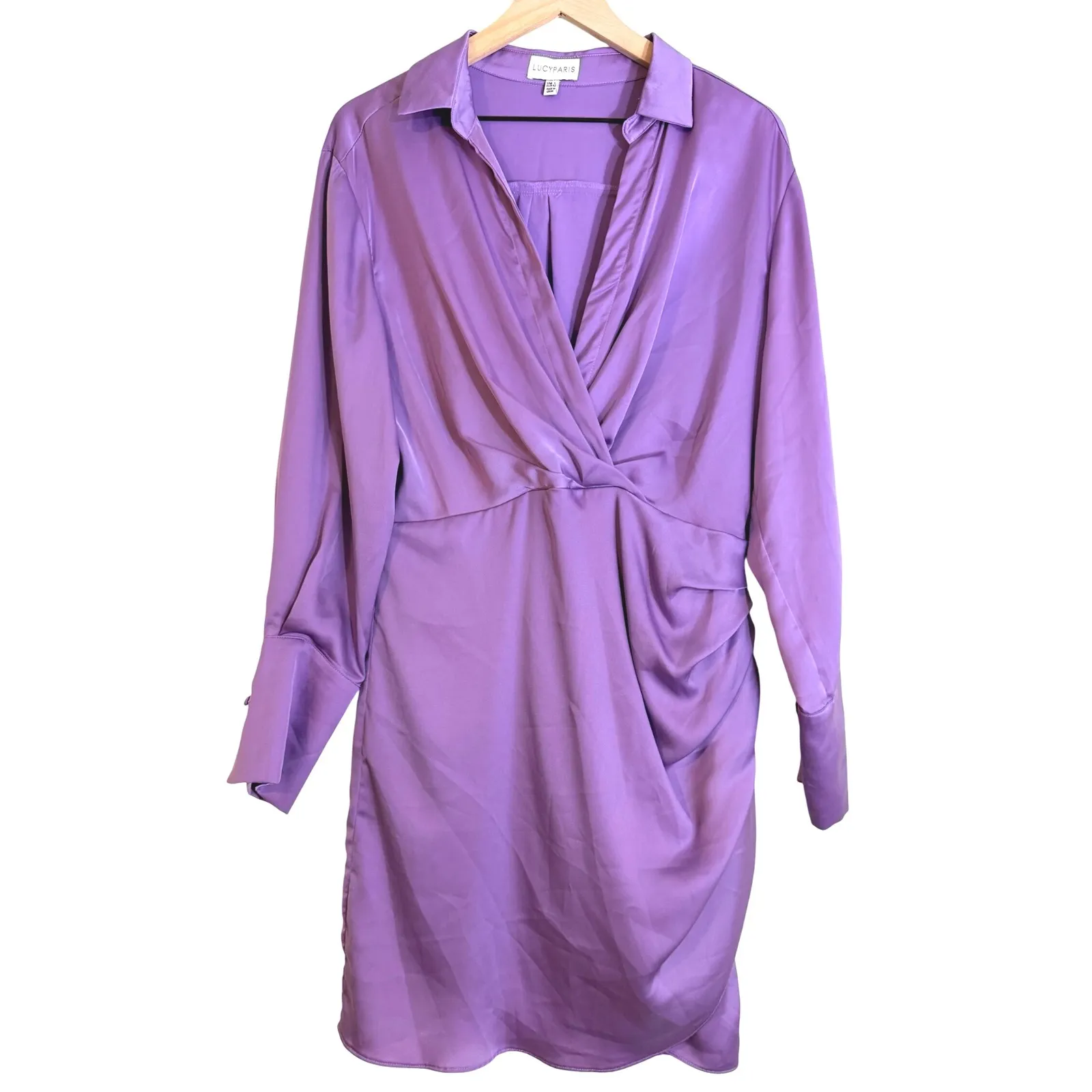 LUCY PARIS Purple Satin Twist Front Collared Long Sleeve Shirt Dress Size L - Image 2