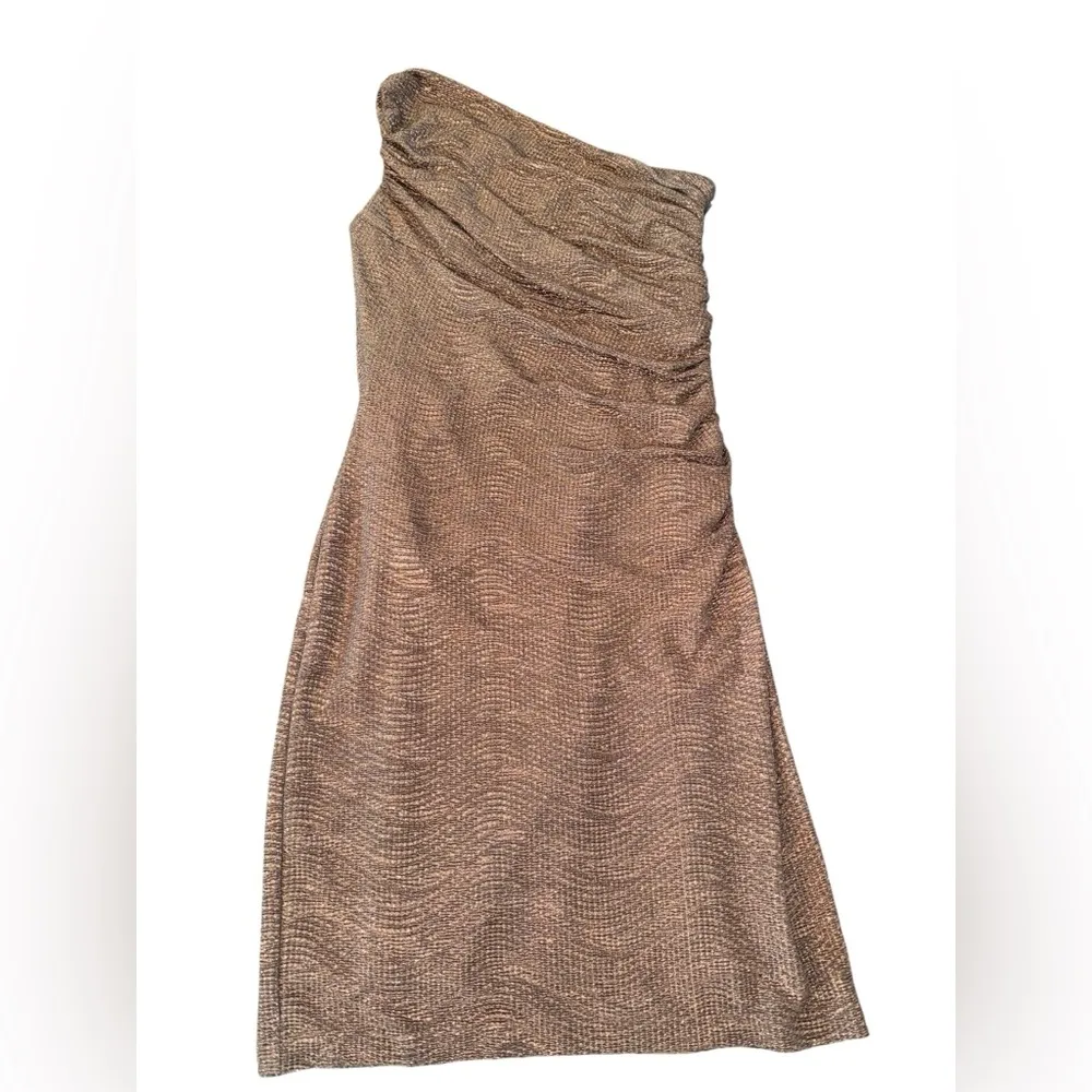 Lauren Ralph Lauren Metallic Bronze Dress 12 One Shoulder Ruched Cocktail - Image 4
