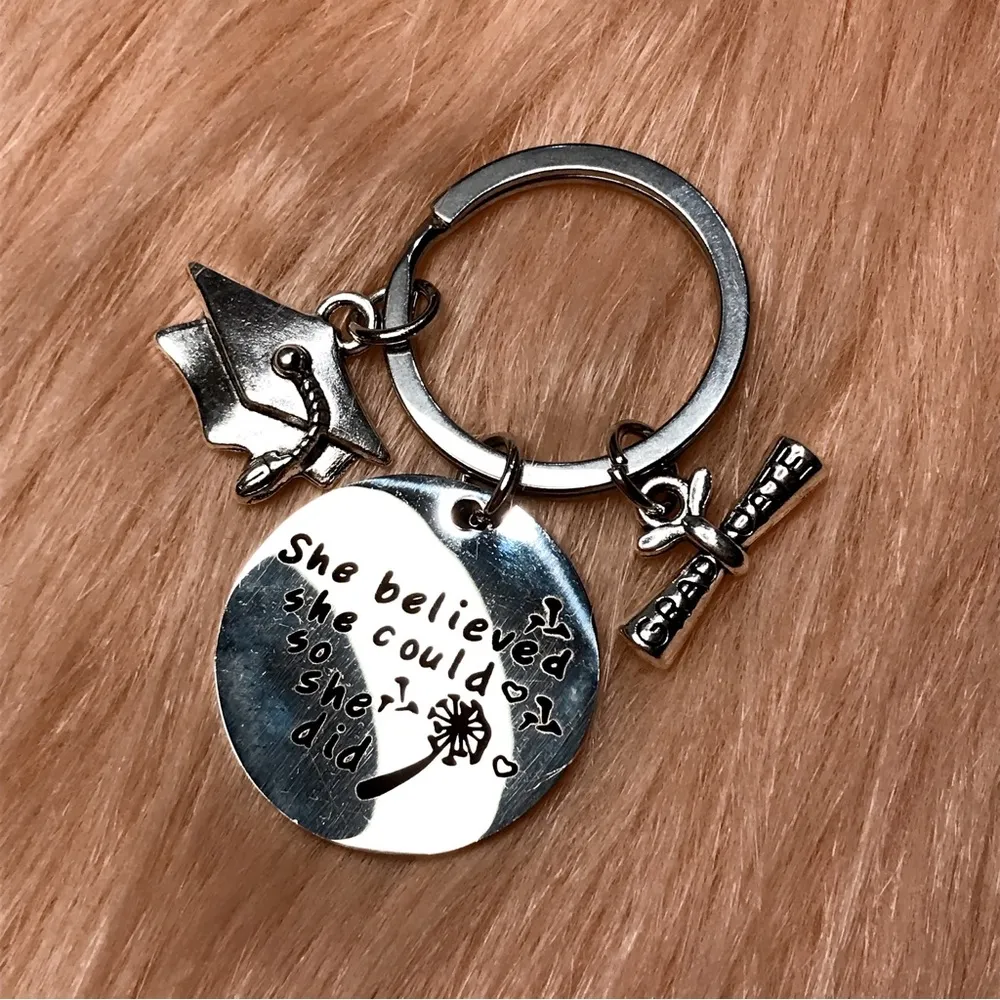She Believed She Could So She Did Dandelion Graduation Diploma Keyring Silver - Image 4