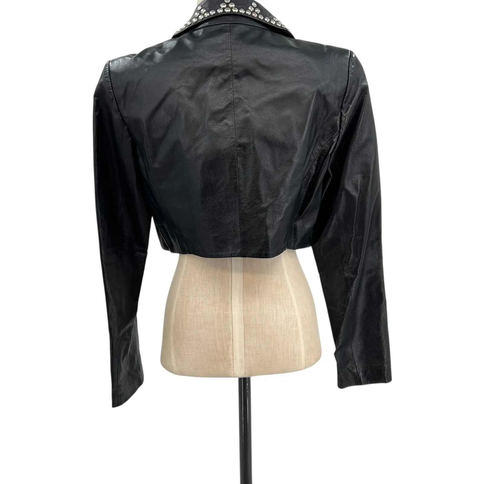 Cache Vintage Leather Jacket Cropped Studded‎ Rhinestones Black Size Medium - Image 9