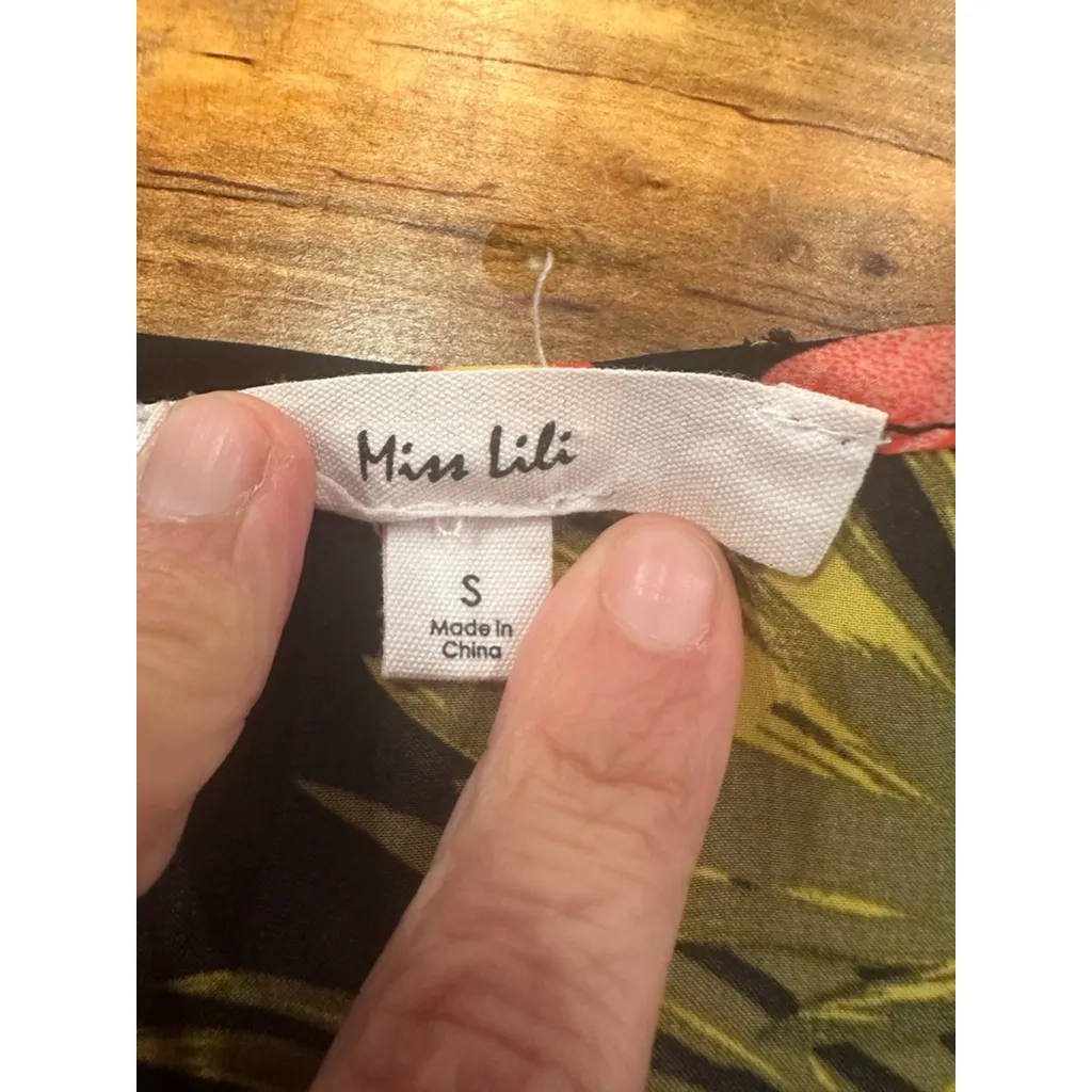 Miss Lili Tropical Floral Tie-Front Kimono Blouse Small Black Hibiscus Boho Wrap - Image 8