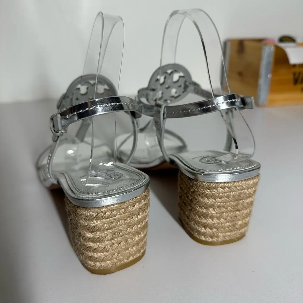 Tory Burch Women's Miller Silver Metallic Espadrille Wedge Heel Sandals Size 9.5 - Image 4