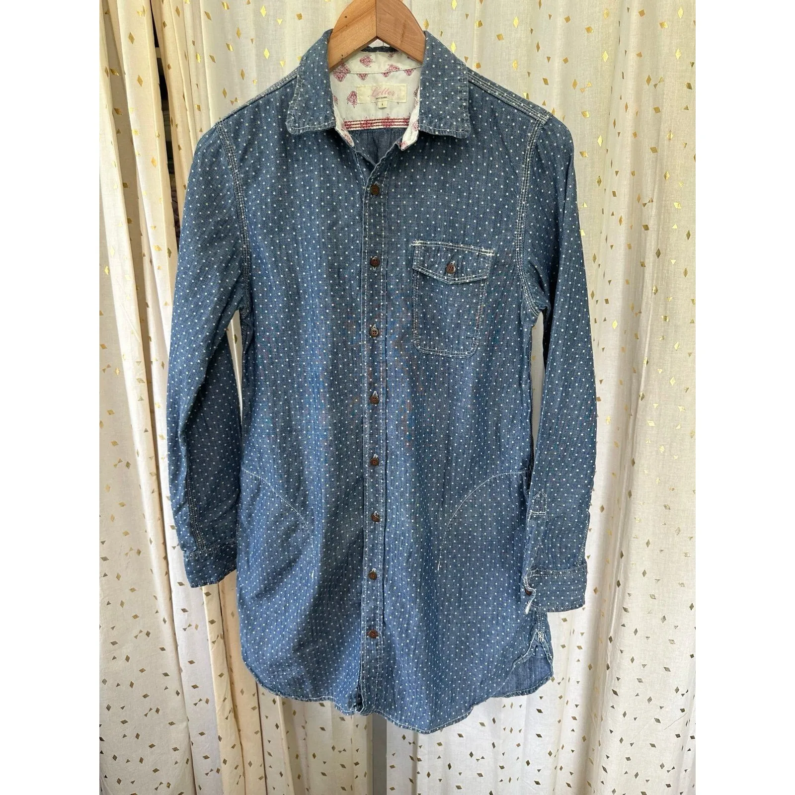 Letter Back Number Japanese Brand Polka Dot Button Down Pockets Denim Dress L Blue Size L - Image 2