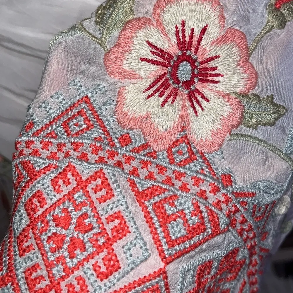 Johnny Was White Bell Sleeve floral embroidered Grace Silky Blouse - Image 9