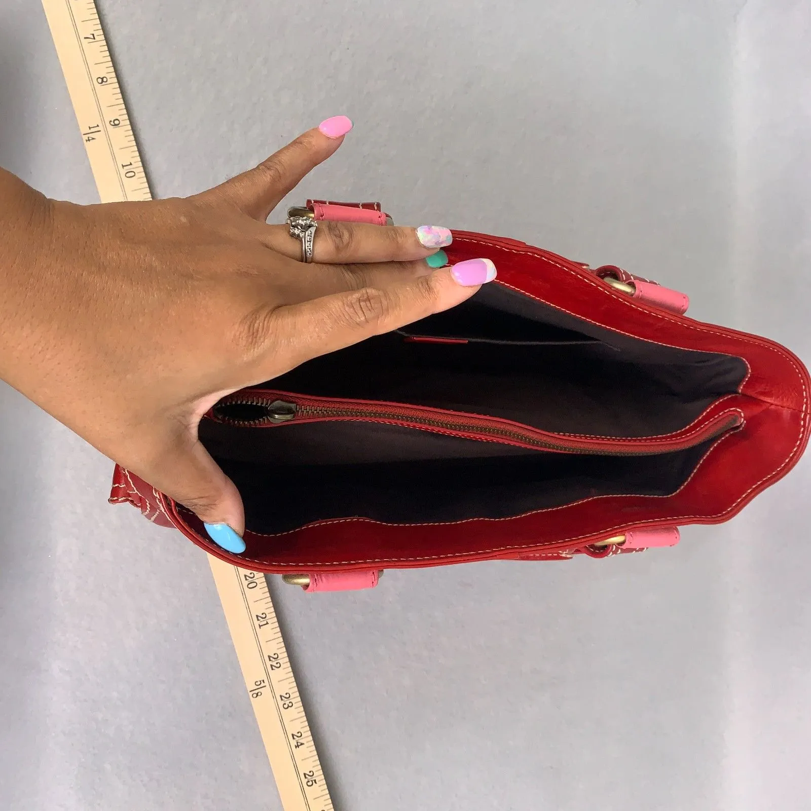 Celine Red Leather Satchel Bag Pink Quilted Detail Designer Purse Classic Luxury - Image 8