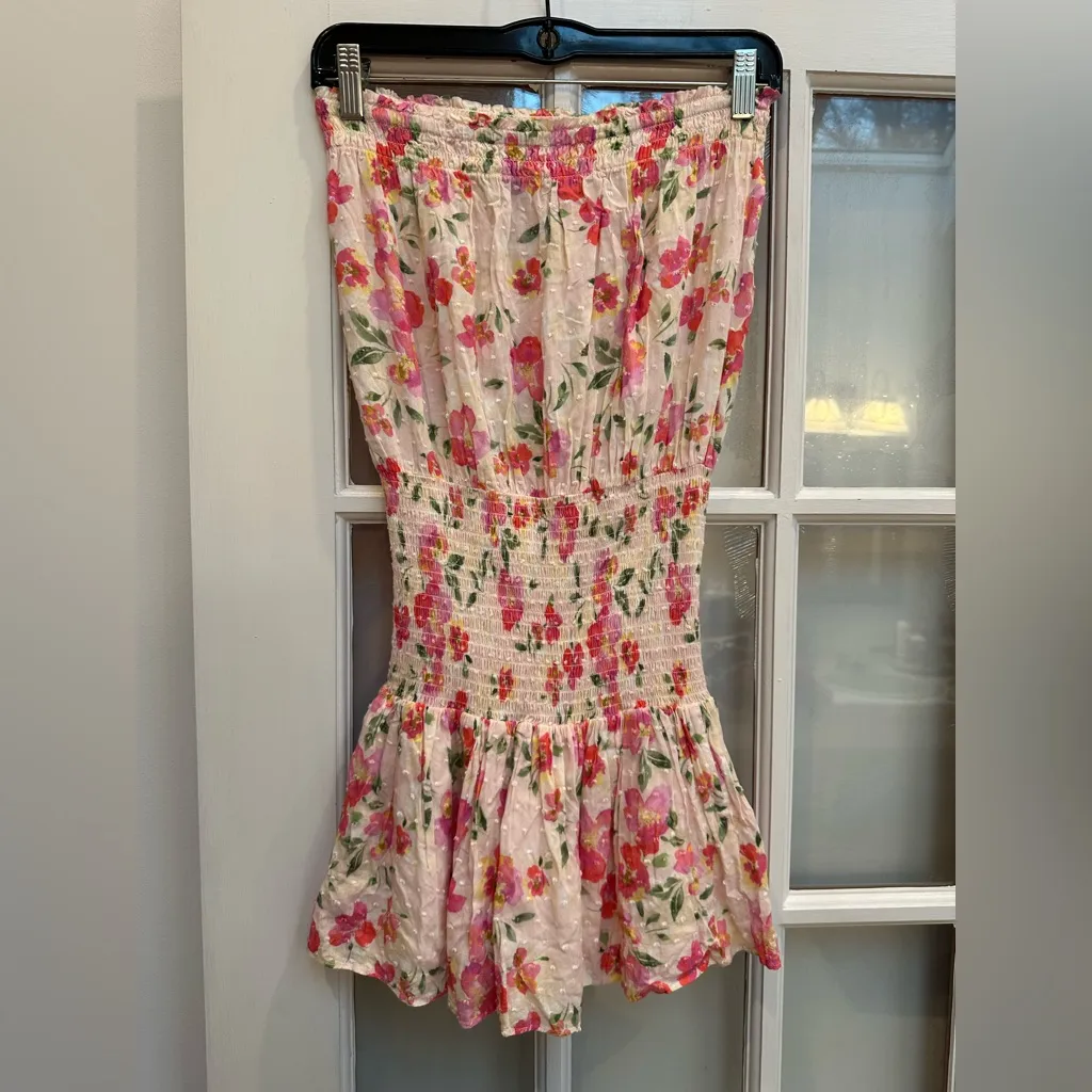 Rays for Days Cream Smocked Strapless Mini Dress Floral Coastal Beach Size XS Pink - Image 4
