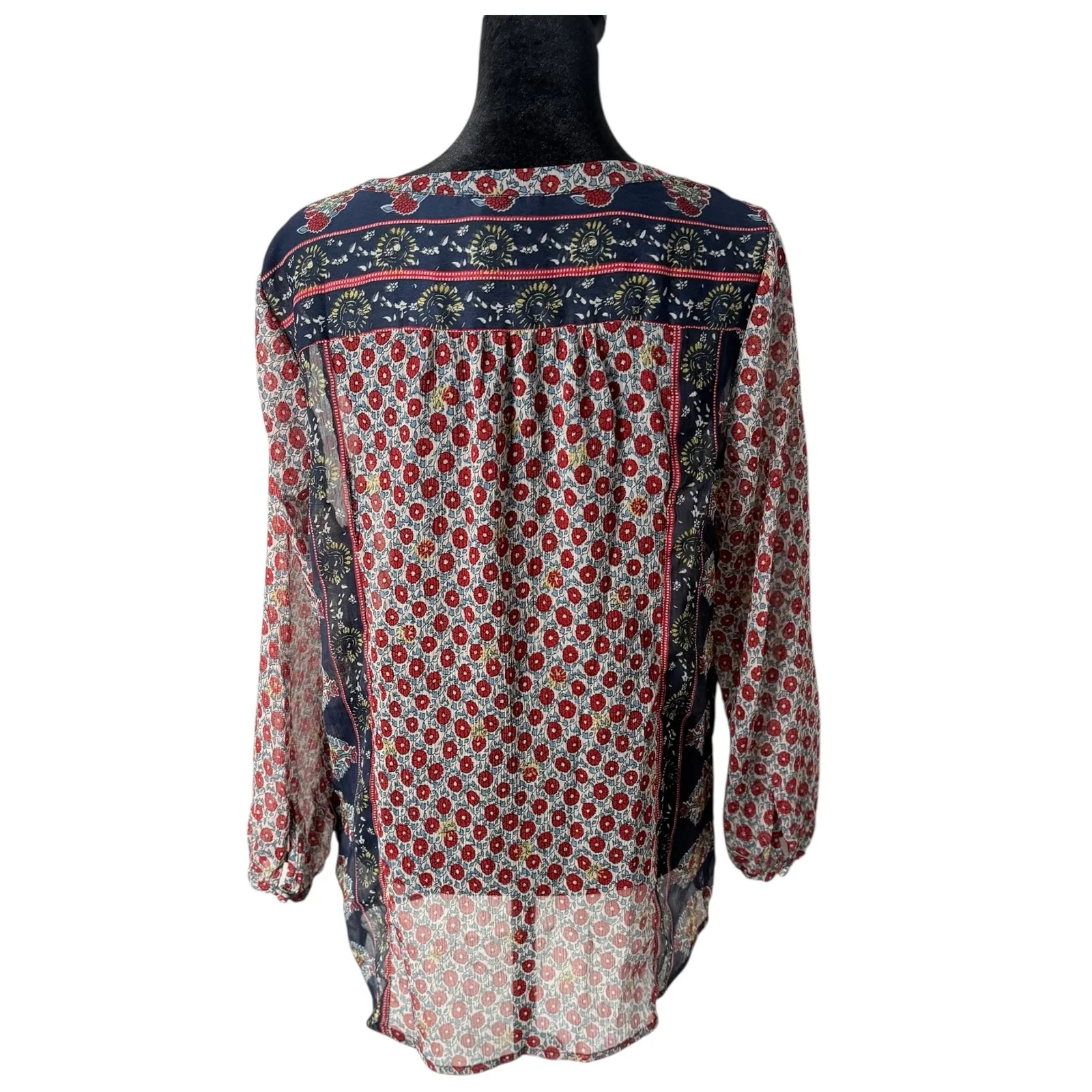 Lucky Brand See Through Top Size S Sheer‎ BOHO Hippie Red Blue Floral Festival - Image 6