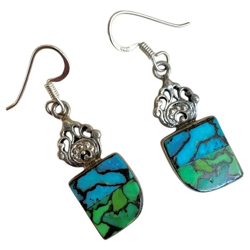 🌵 Sterling Silver Peacock Dahlia Turquoise Composite Inlay Earrings 🌵 - Image 9