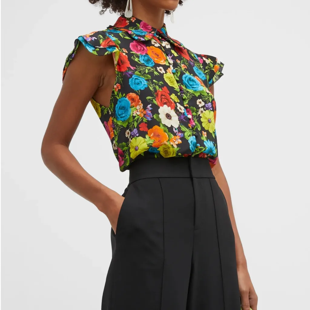 NWT- Alice + Olivia "Martel" silk blouse in a vibrant floral print Size XS - Image 2