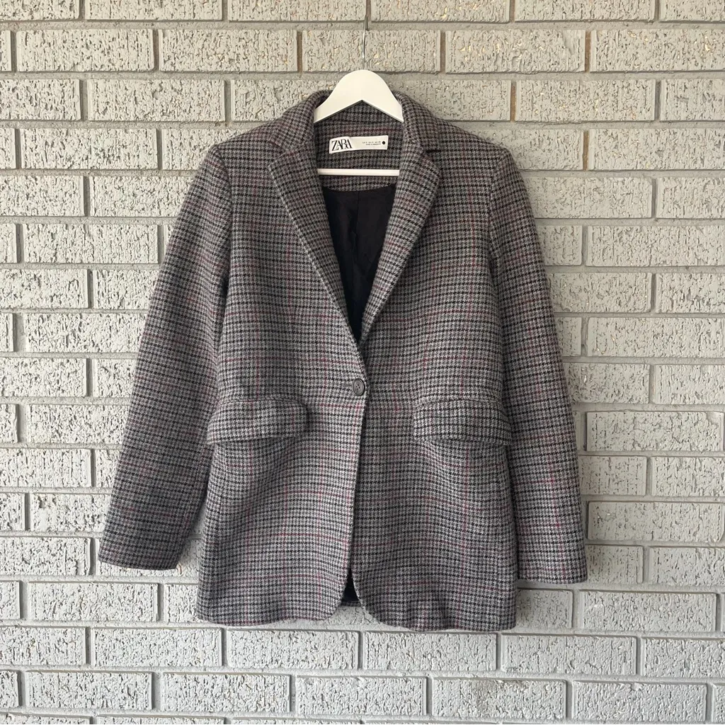 Zara Wool Blend Houndstooth Blazer Suede Elbow Patch Grey Size Small 8659/429 - Image 6