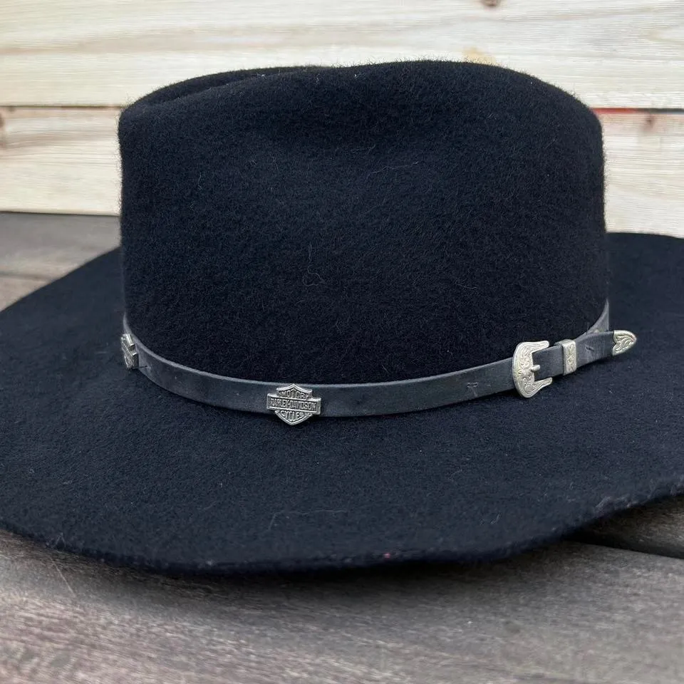 Vintage Black Wool Harley Davidson Cowboy Hat w/ Leather Strap Silver Buckle USA - Image 3