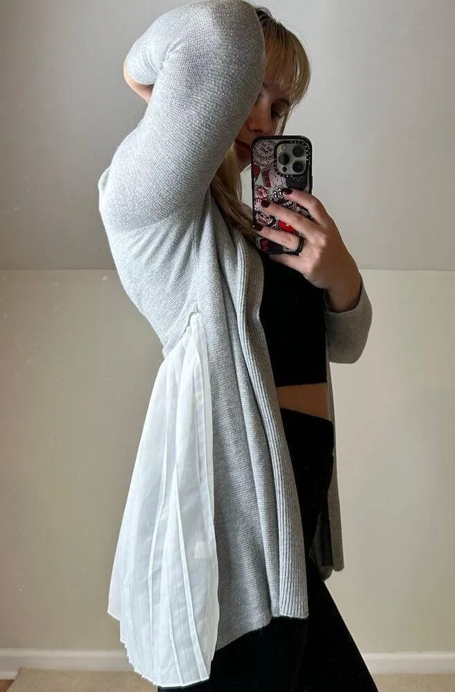 Fever: Gray and White Silky Pleated Cardigan - Image 3