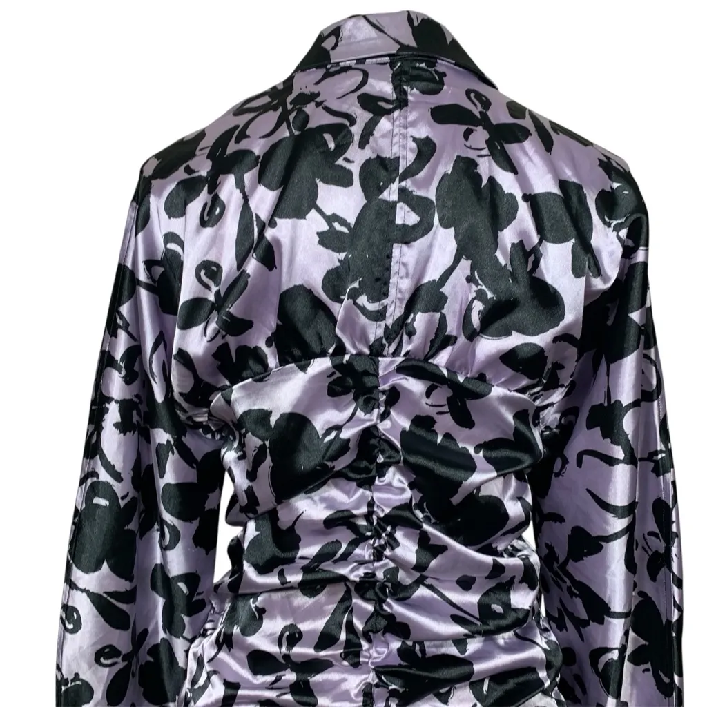 ZARA Satin Ruched Shirt Dress Size M Purple Black Floral Long Sleeve Mini NWT Size M - Image 7