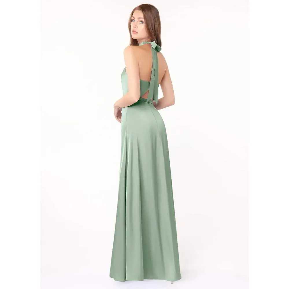 AZAZIE Womens Satin Delmar Green Halter Sleeveless Bridesmaid Maxi Dress Size 4 - Image 2