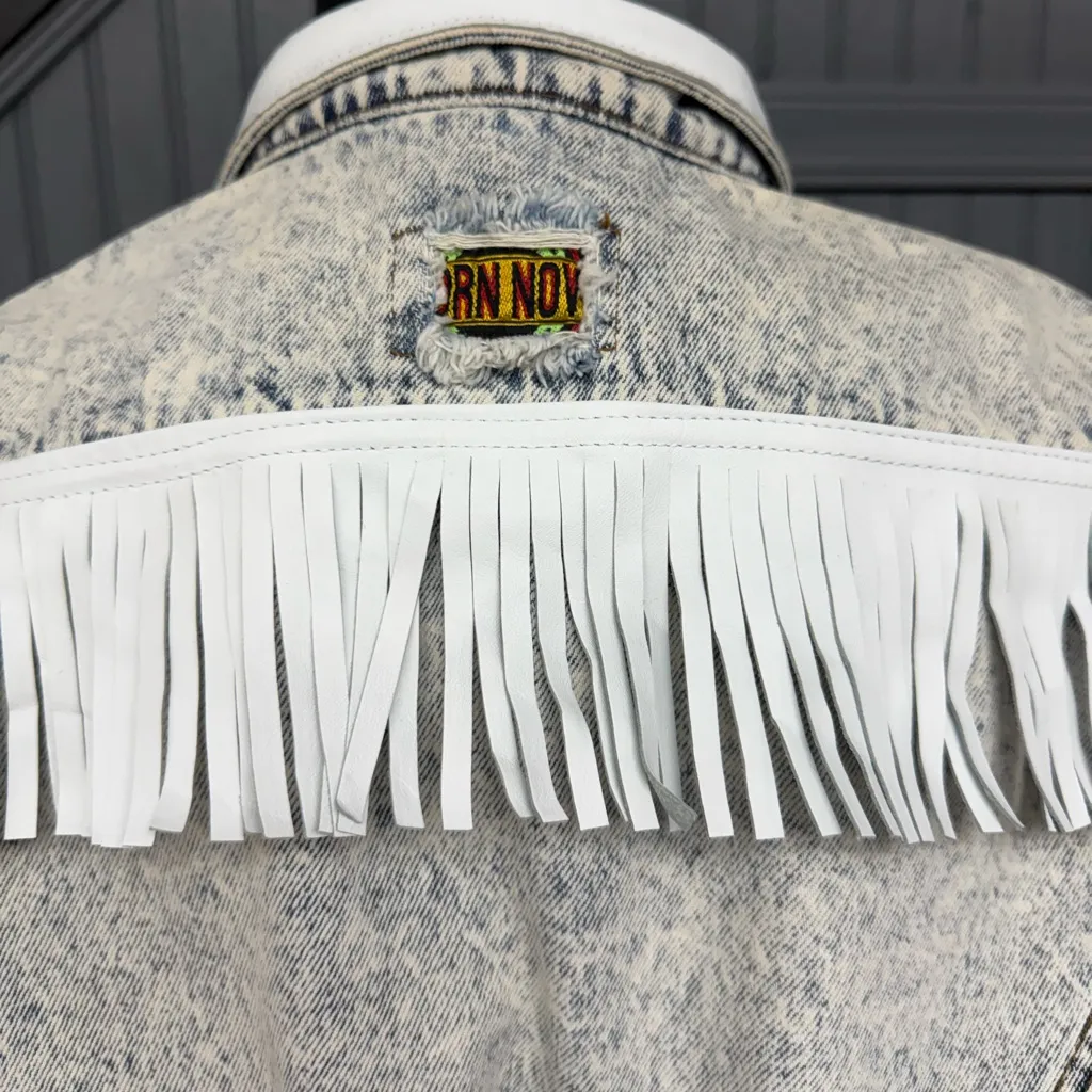 Vintage 80s Acid Wash Denim Fringe Vest & Skirt Set Western Deadstock Punk EUC Blue Size M - Image 8