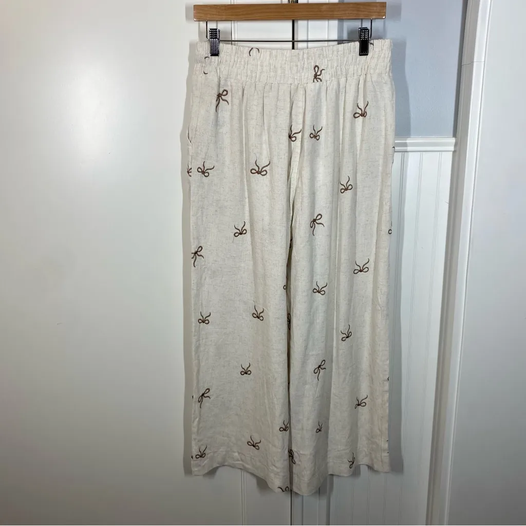 Umgee Linen Pants Size Medium Cream Brown Bows Elastic Waist Casual Vacation NWT - Image 5