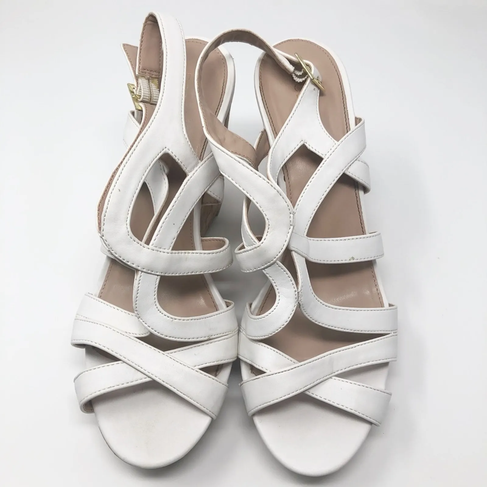 BCBGeration White Strappy Faux Leather Platform Wedges Size 10 - Image 3