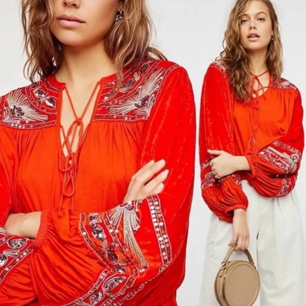 Free People Hearts Aflame Boho Blouse Red Orange Sequin Velvet Embroidered Sz M - Image 3
