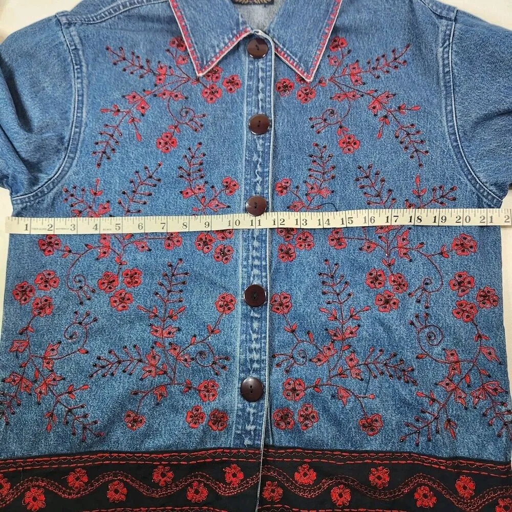 Life Style Denim Embroidered Red Black Floral Button Front Jacket Size S Japan Blue - Image 8