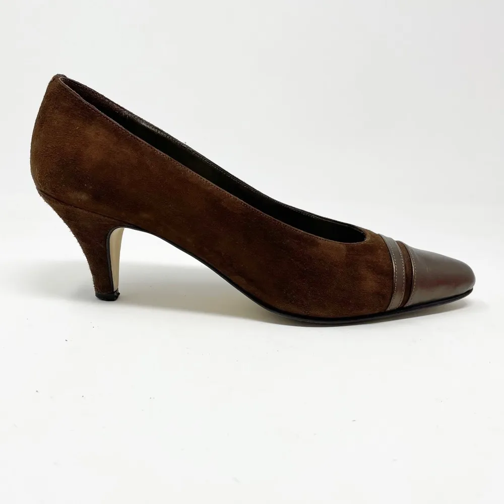 Bally of Switzerland Vintage Brown suede metallic leather mid heel pumps shoes 7 - Image 35