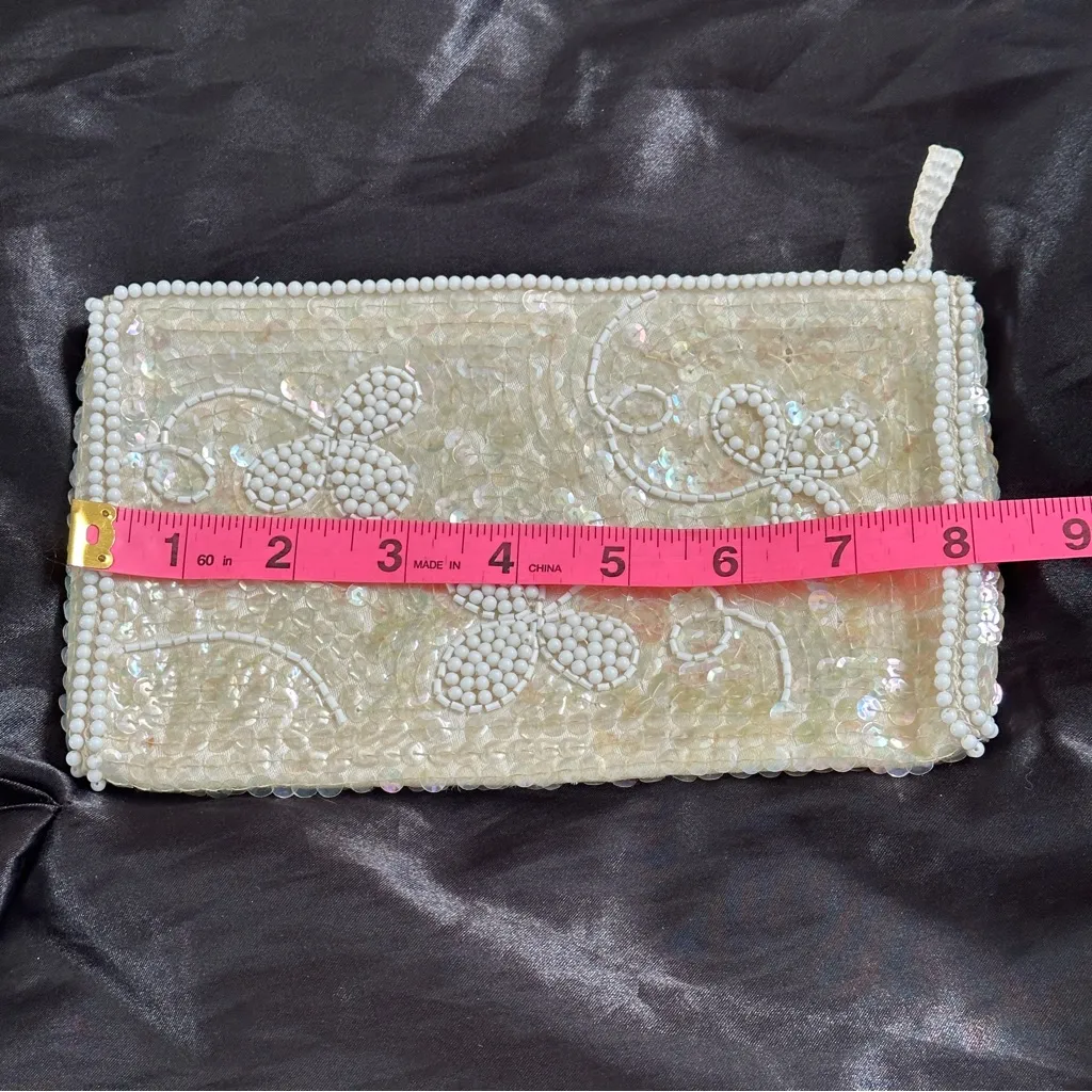 50s 60s Vintage Unbranded White Beaded Sequin Cosmetic Pouch Bag - Image 7