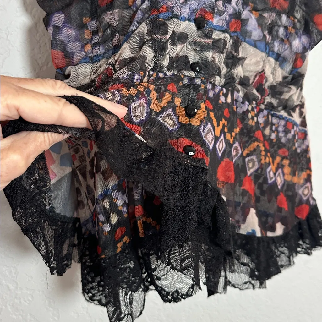 Y2K Goth Black Lace Top Sheer Patterned Red Double Layer Lace Button Up Large - Image 7