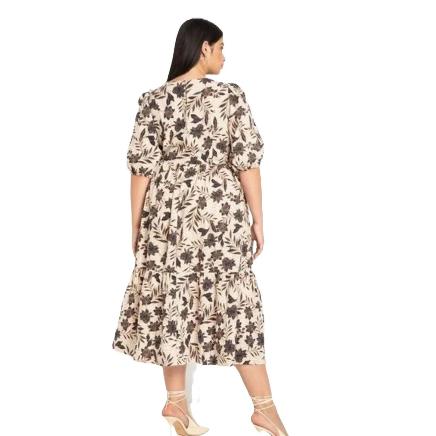 ELOQUII Floral Puff Sleeve‎ Tiered Cotton Midi Dress Cream Navy Blue Women's 16 - Image 8