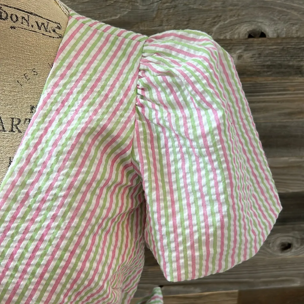 Draper James White Asymmetrical Stripe Ruffled Wrap Dress Size Medium - Image 3