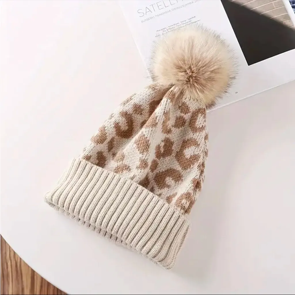 Leopard Print Pom Pom Beanie NWT | Knit Winter Hat Cuffed Soft Warm White - Image 4