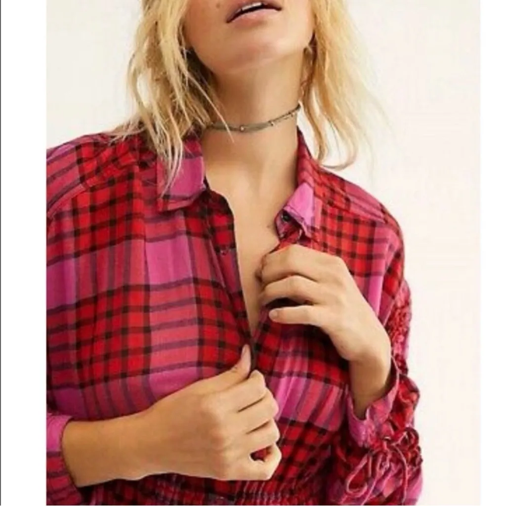 NWT Free People Pacific Dawn Red and Pink Plaid Button-Down Shirt Size: XS - Image 11