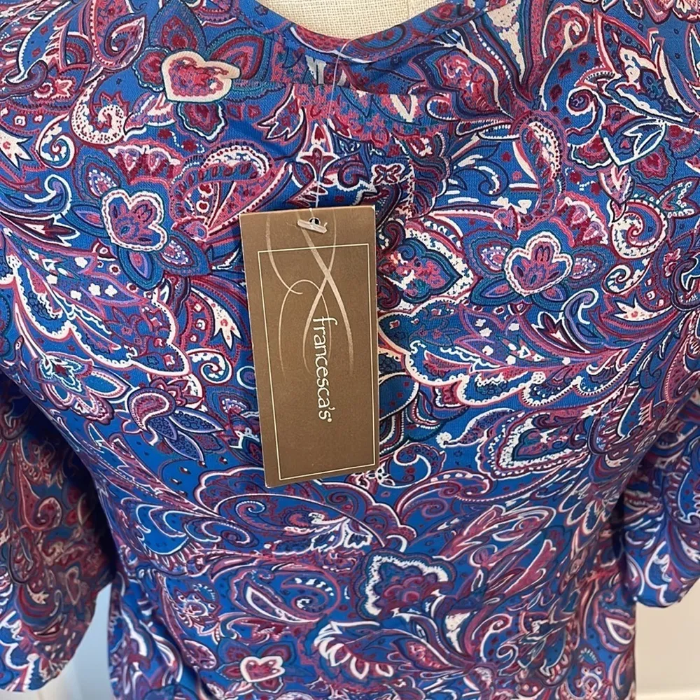 Ayla Blue Pink Paisley Dress Studs V Neckline 3/4” Sleeves Shirt Dress Size M - Image 5