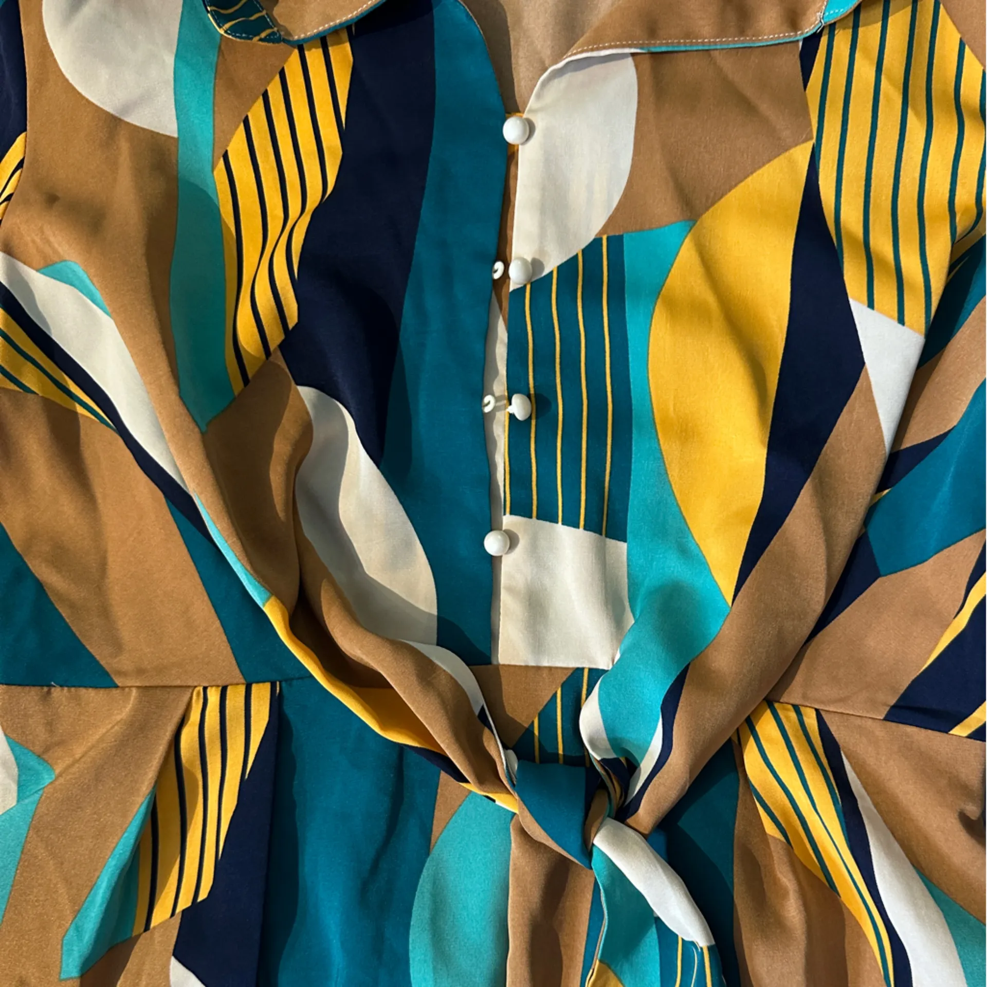 Gracia Women’s Tie Waist Short Sleeve Abstract Midi Shirt Dress Brown  Size M - Image 5