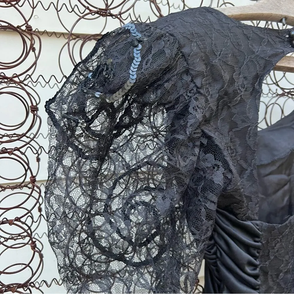 80s Mayvens of California Black Ruched Bodycon Dress Sheer Sequin Puff Sleeve 3 - Image 3