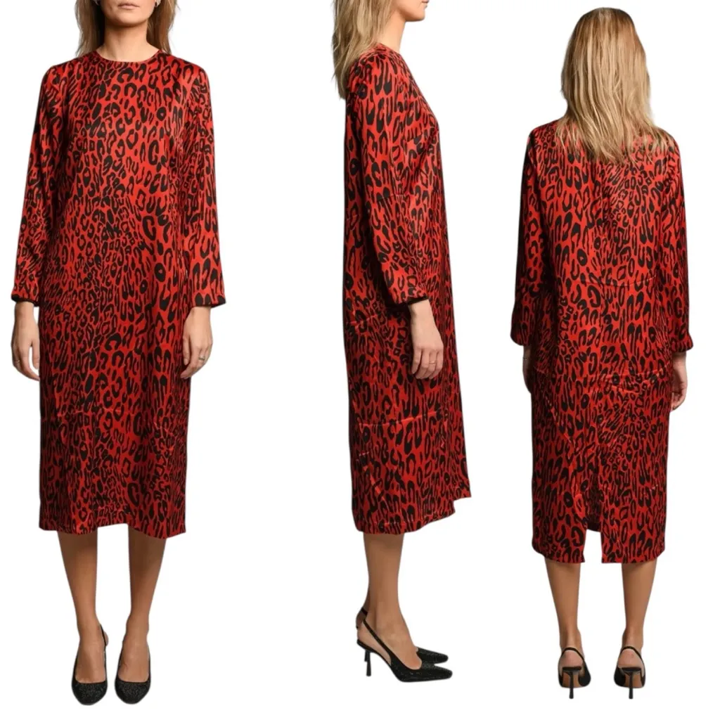 Zara Woman Red Leopard Print Midi Dress Animal Print Long Sleeve XL - Image 2