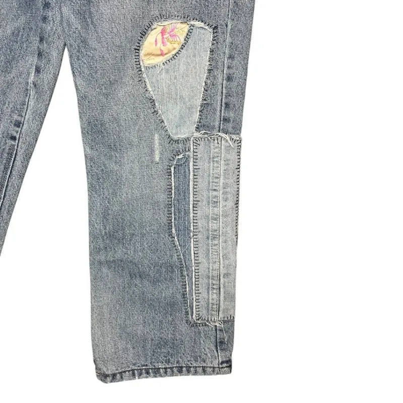 Y2K boho jeans capri patchwork boho hippie distressed artsy streetwear cropped Blue Size undefined - Image 3