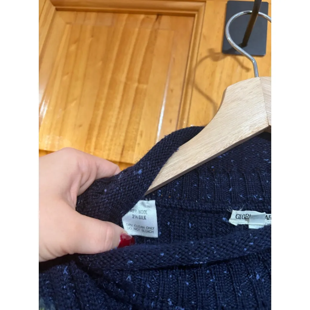 Vintage Giorgio Armani Navy Wool Silk Rolled Neck Sweater XL Embroidered Florals - Image 3