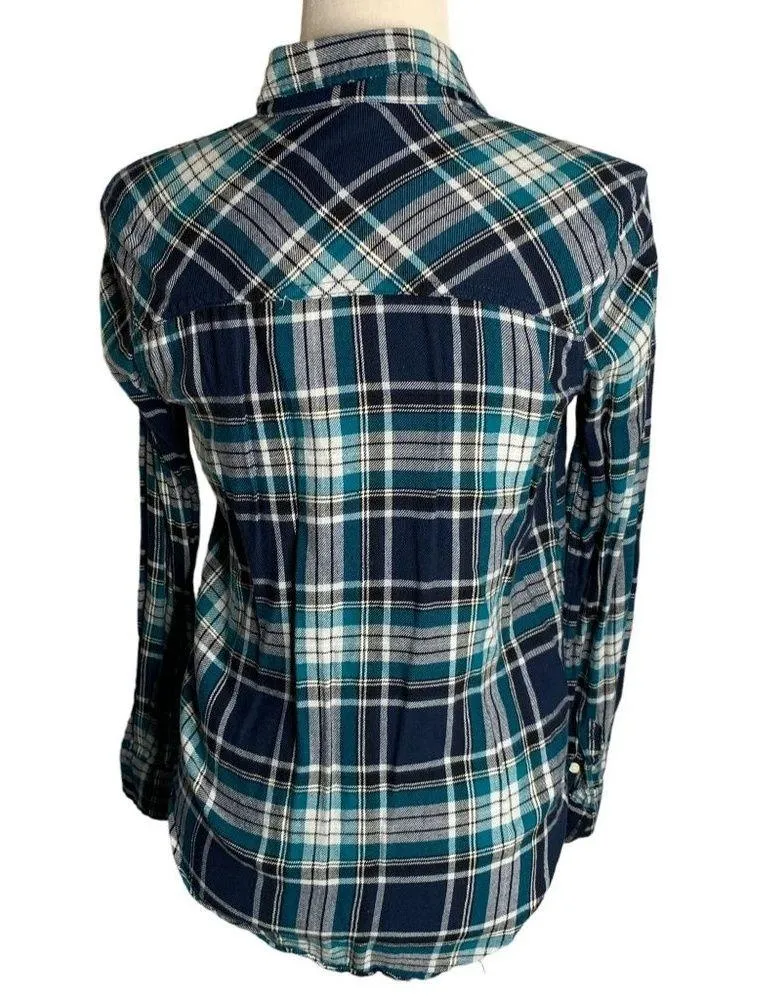 Aeropostale Lightweight Button Up Flannel Shirt S Blue Green Plaid Pockets - Image 4