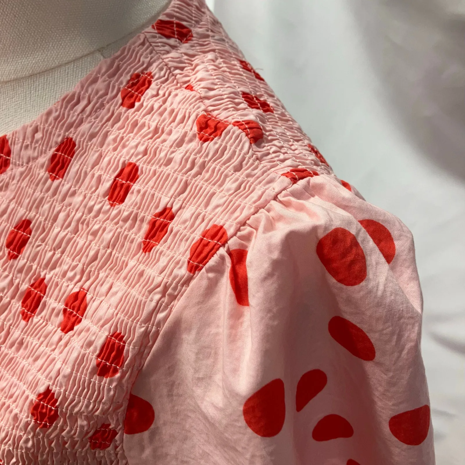 Petal‎ + Pup Gasal Tiered Smocked Midi Dress Pink Red Polka Dot Womens 10 Cotton - Image 4