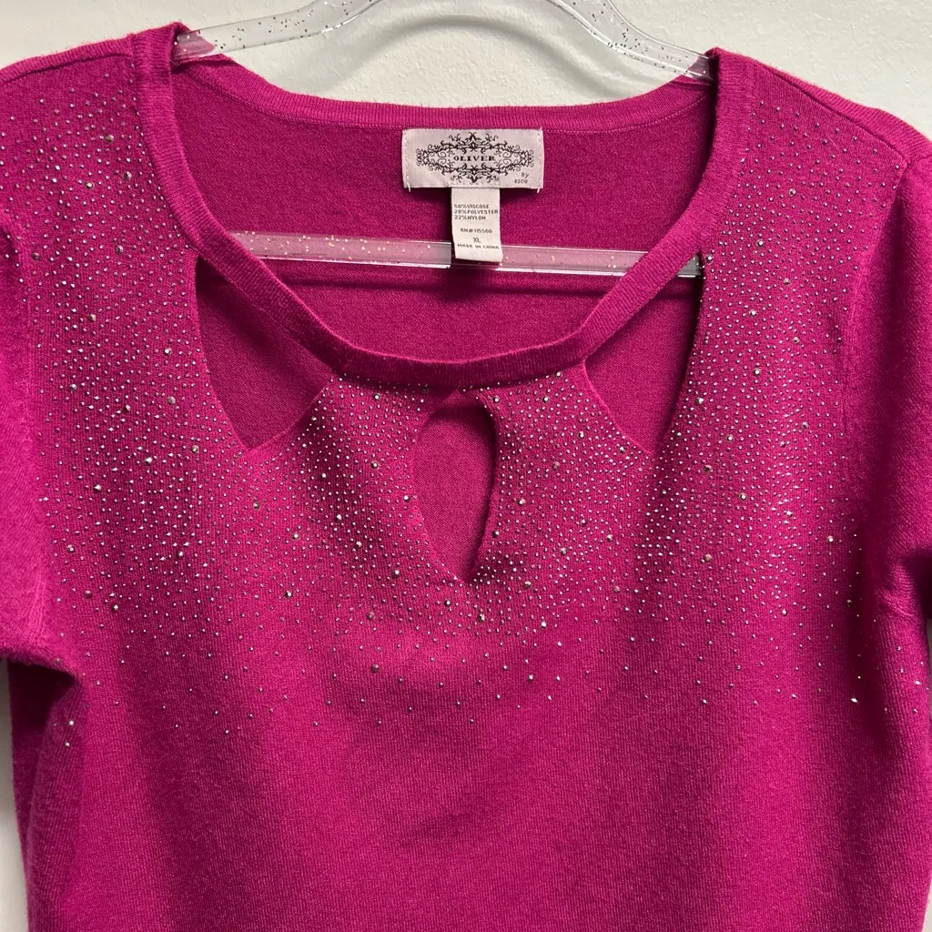 Pink Long Sleeve Rhinestone Embellished Top with Cutout Detail Size XL - Image 2