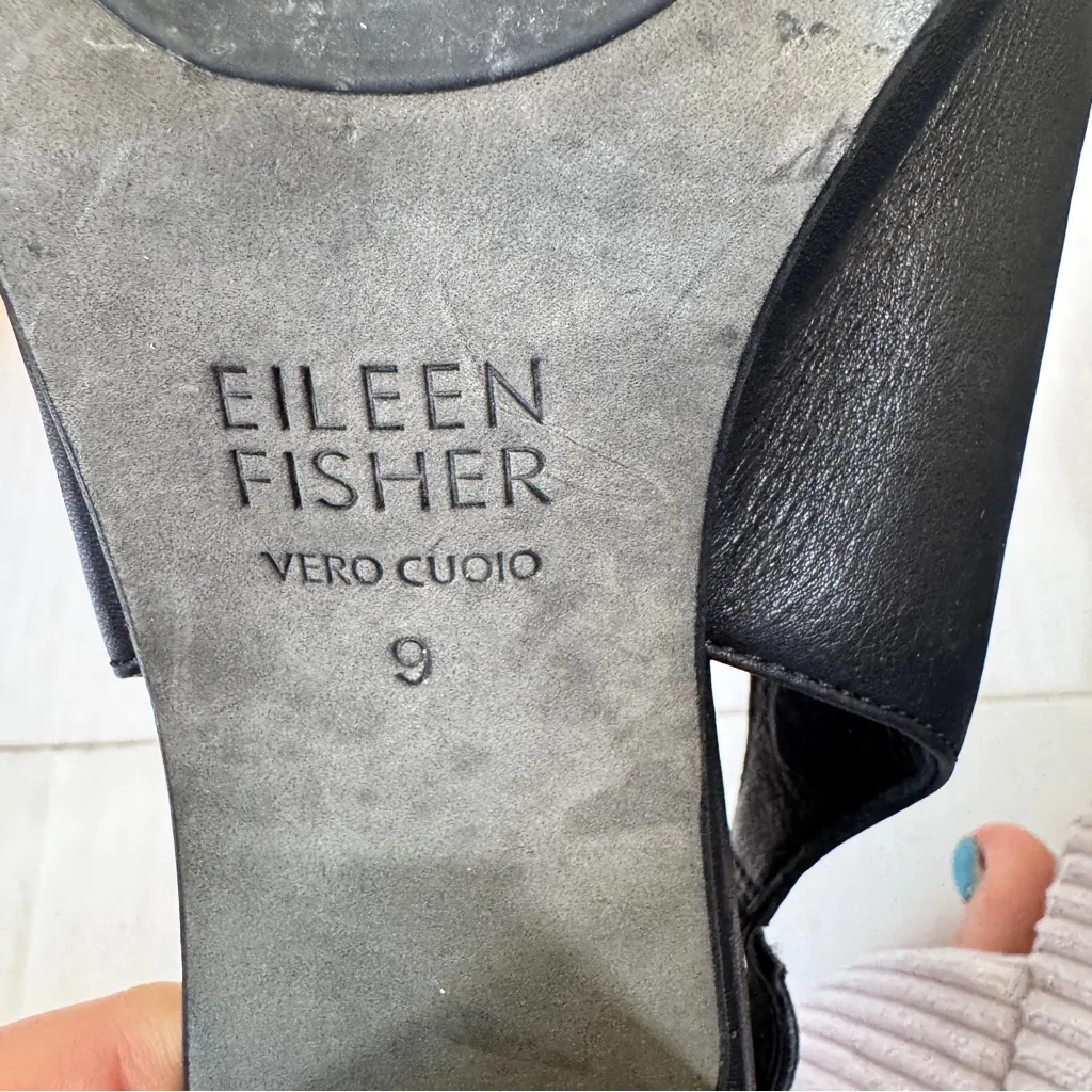 Eileen Fisher Black Leather Peep Toe Block Heels Womens 9 Striped Wood Stacked - Image 6