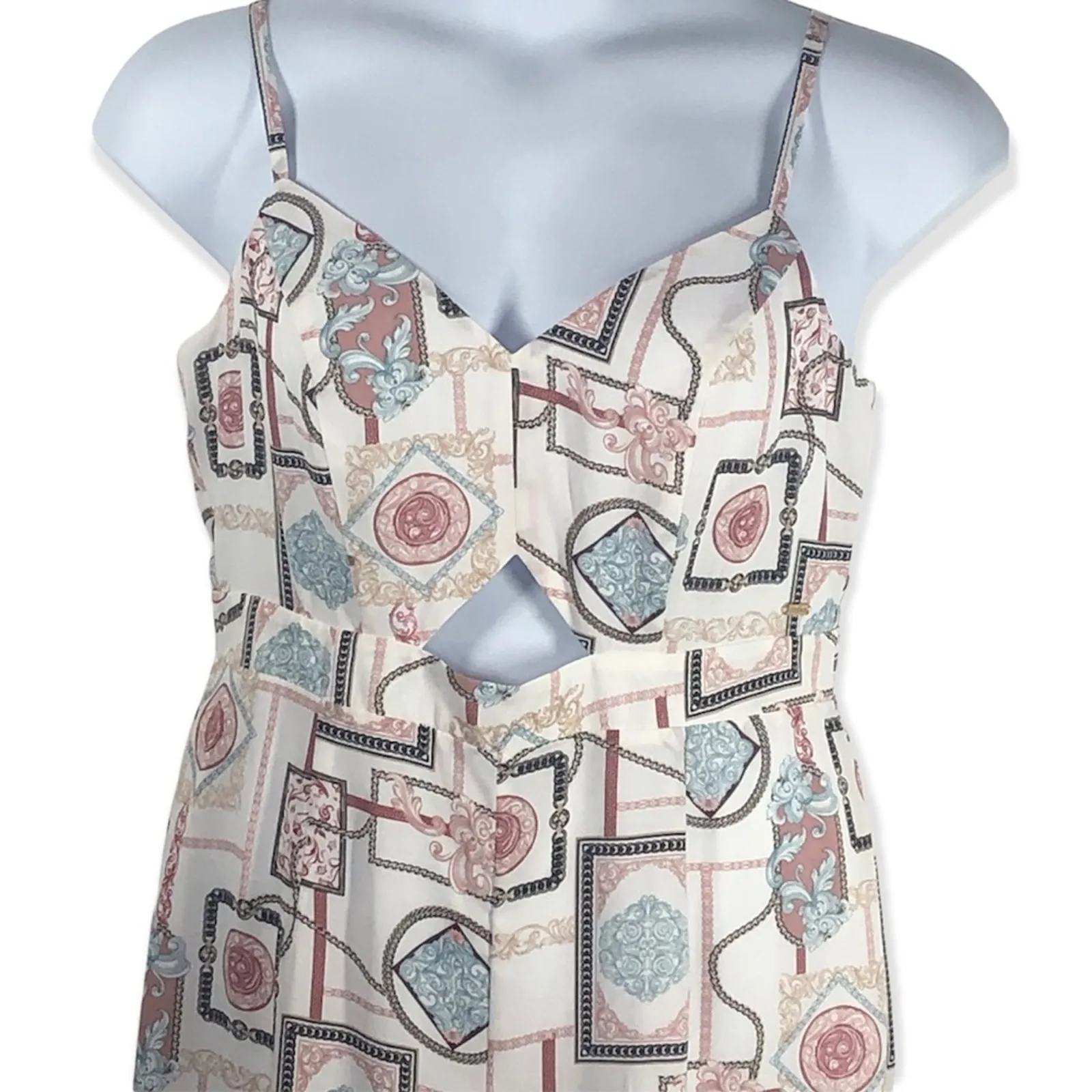 Guess Soliana Printed Wide Leg Jumpsuit Size L Sweetheart Neck Peep Hole - Image 5