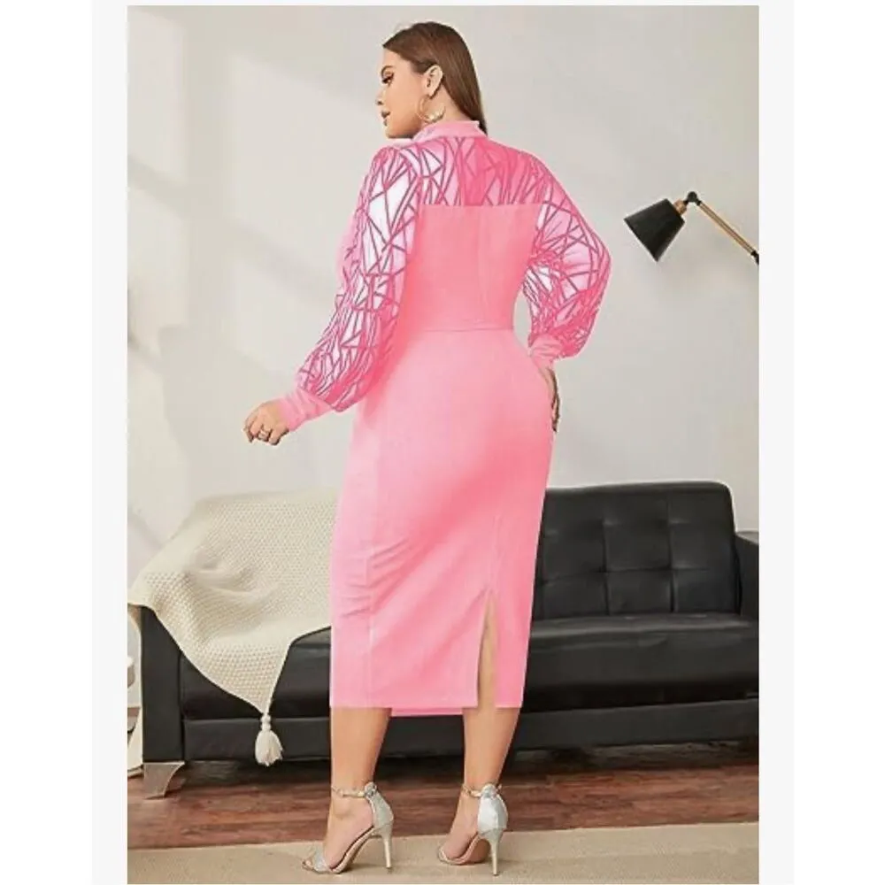 NEW Pink Spring Midi Plus Size Mesh Bishop Long Sleeve Dress 2x Red - Image 2