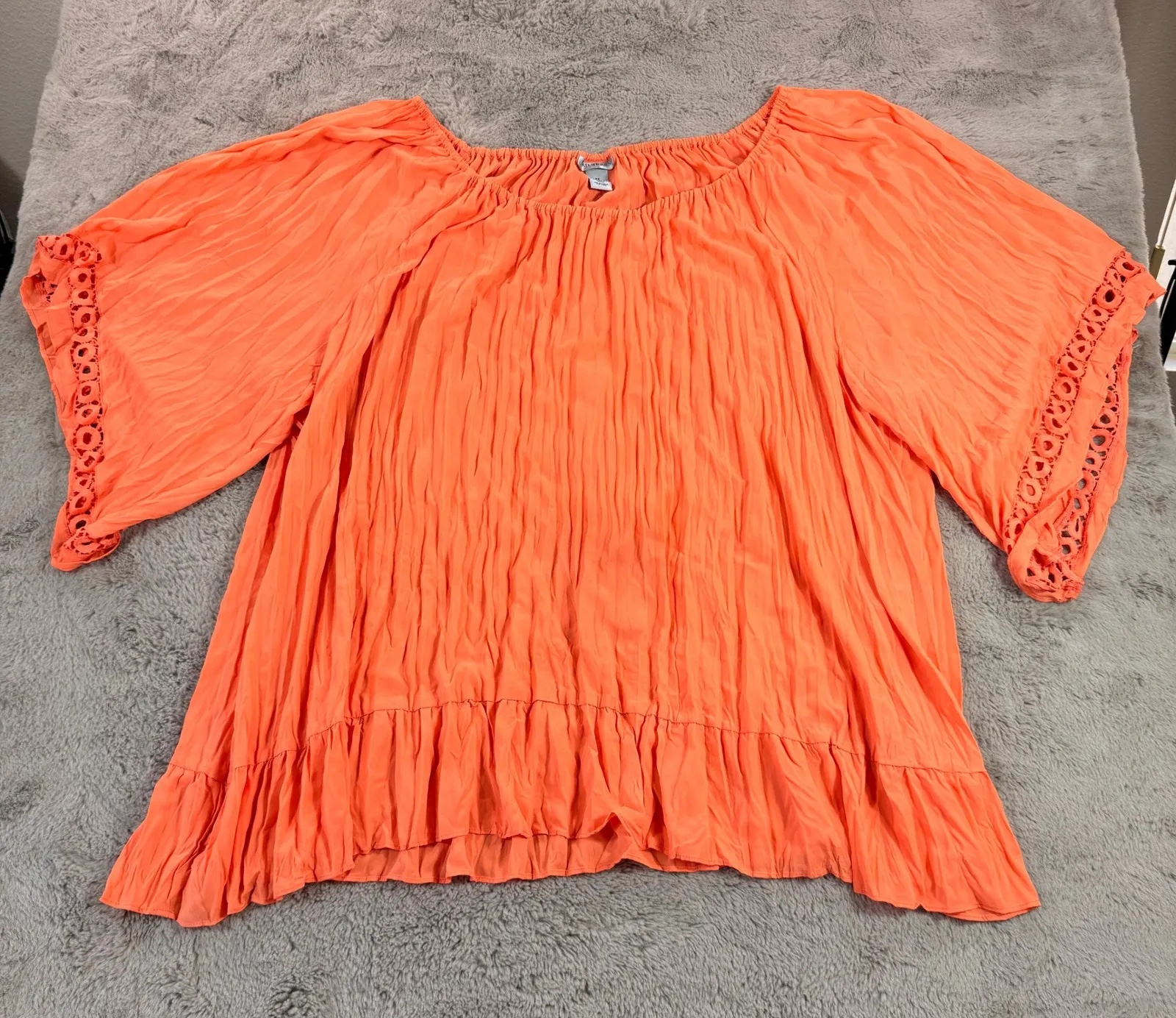 Catherines 4X Orange Crinkle Gauze Peasant Blouse Crochet Trim Plus Size Top - Image 1