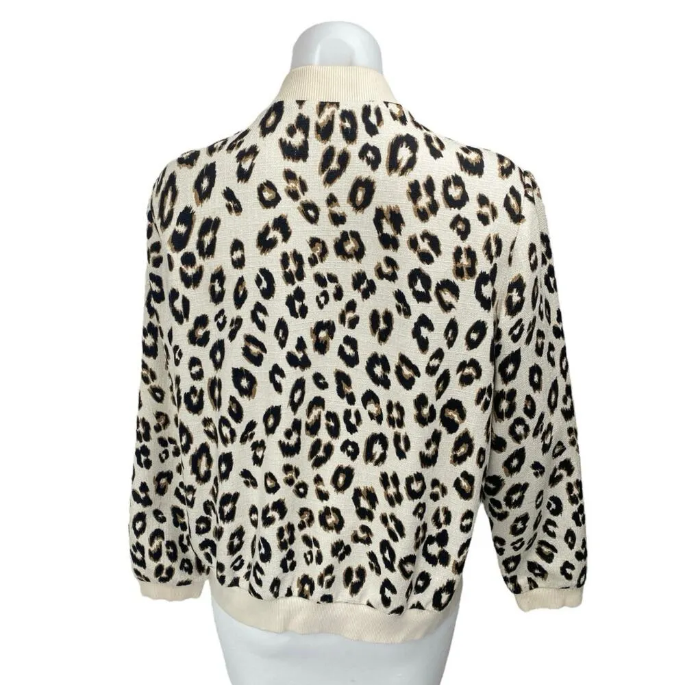 Chico's Cream Black Long Sleeve Knit Leopard Zip Up Cardigan Sweater Top Size 1 - Image 2