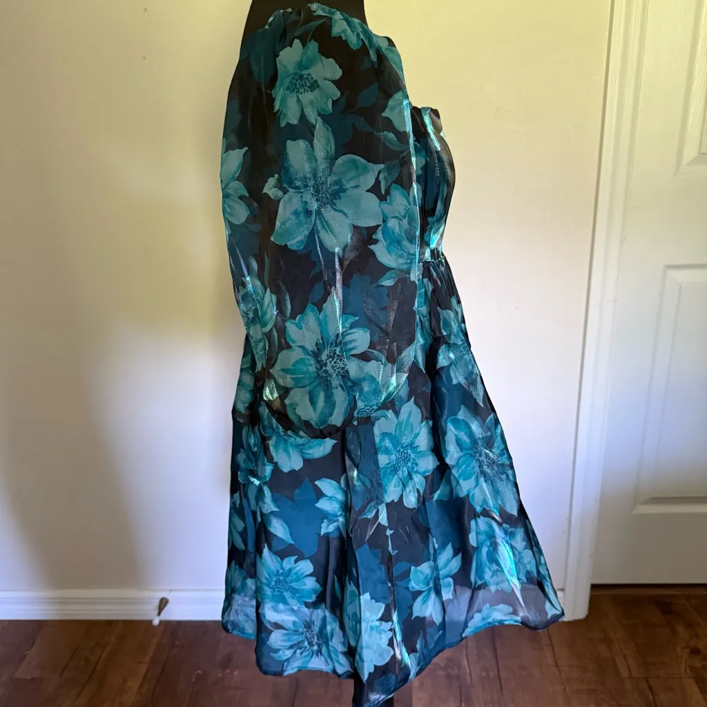 Thirty Thirty Blue Floral Babydoll Sheer Dress 3/4 Sleeve M Black Size M - Image 5