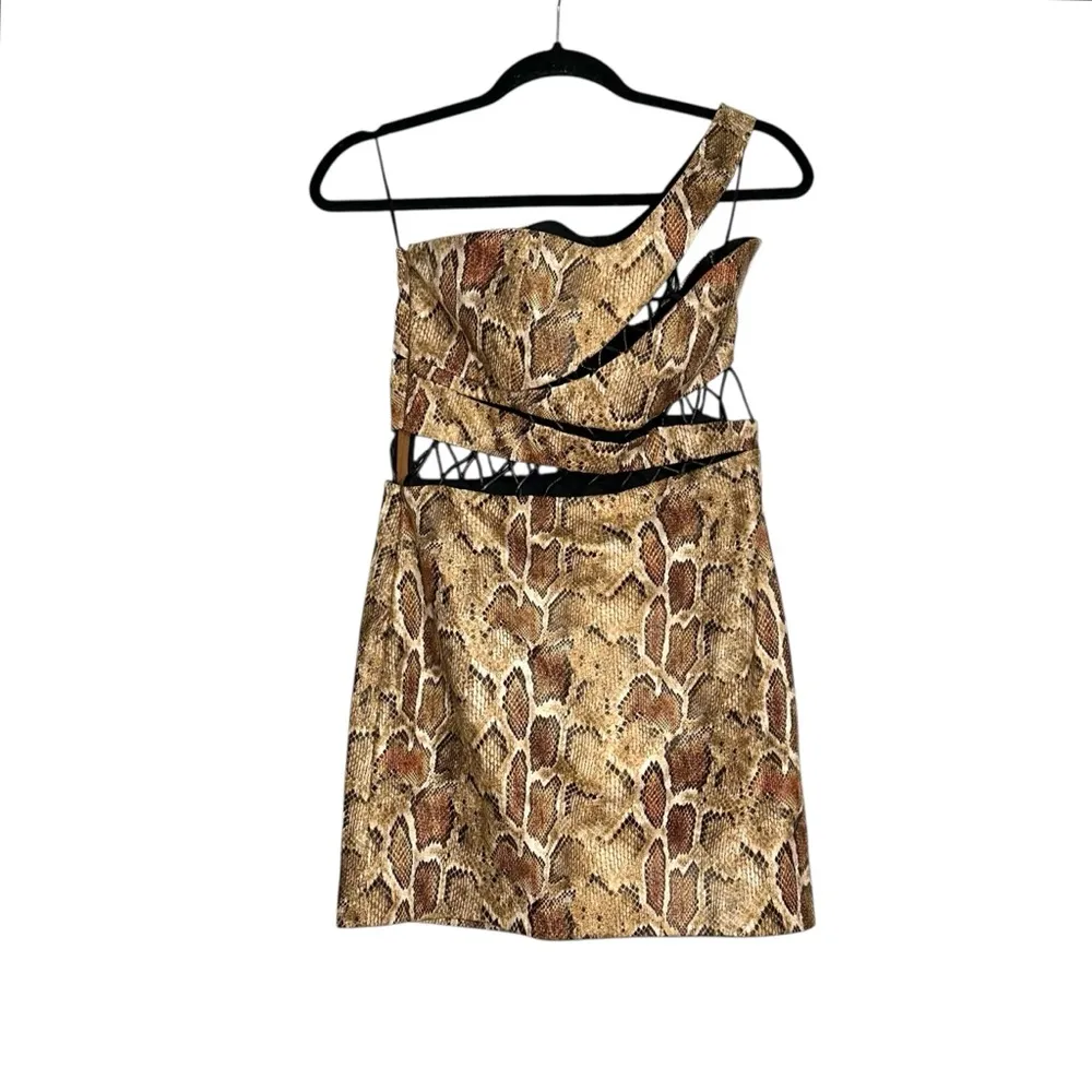 Revolve h:ours Elena One Shoulder Reptile Print Faux Leather Mini Dress SMALL - Image 2