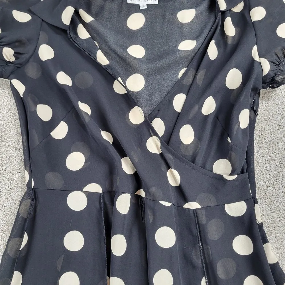 Sandra Darren Womens Dress 10 Black White Polka Dot Faux Wrap Ruffle Hem Sheer - Image 8