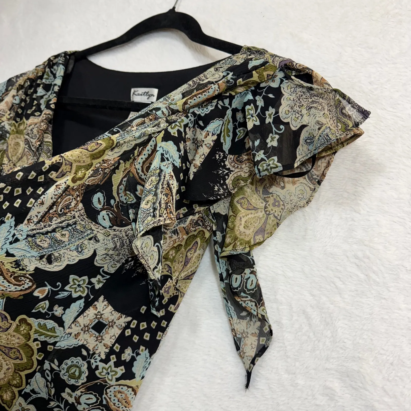 Kaitlyn 1X‎ Paisley Print Top Tie Front Flutter Sleeve Retro Abstract Funky Y2K - Image 2