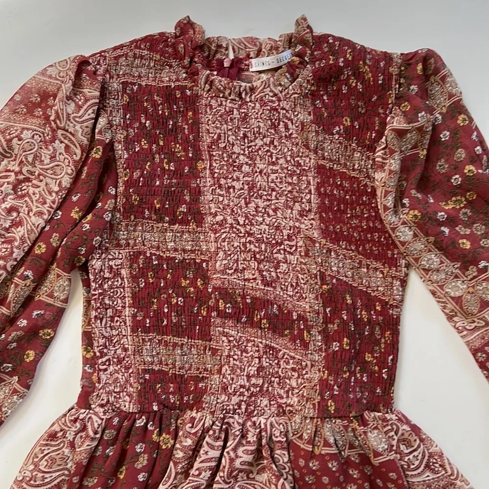 Saints and Secrets Floral Mini Dress Small Balloon Sleeves Patchwork Flounce - Image 4