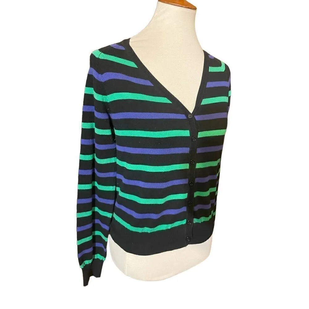 XXI Womens Cardigan Sweater Stripe Long Sleeve Button Front V Neck Blue Large - Image 4
